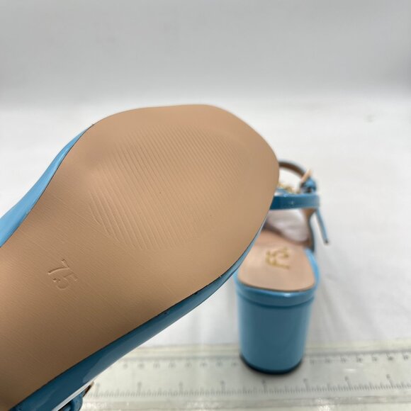 FSJ Sky Blue Slingback Heels Block Chunky Heel Pumps Square Toe Metal Chain Shoe - Picture 6 of 8